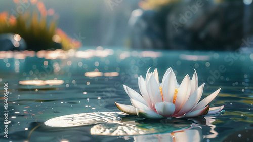 A white lotus floating on clear water 