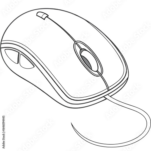 An isolated vector illustration of a wireless black and silver computer mouse with a scroll wheel and buttons