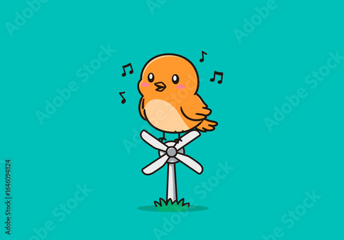 A cheerful cartoon bird serenades perched atop a playful, miniature wind turbine, embodying sustainable energy
