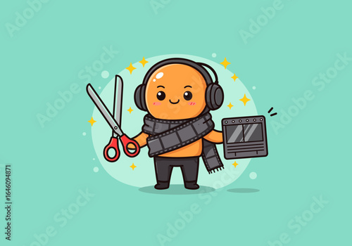 Adorable cartoon character embraces the film editing role, showcasing the tools of the trade against a serene backdrop.