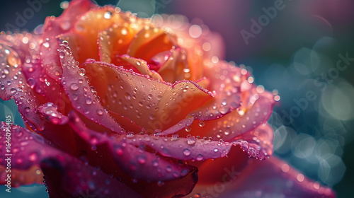 Dew drops on a vibrant rose pastel