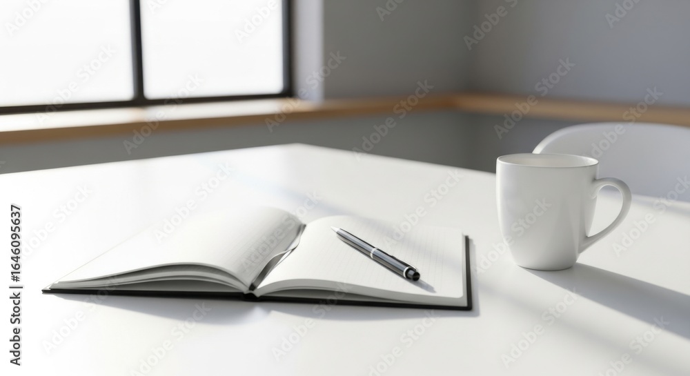 Fototapeta premium Open notebook with pen and white mug on a white table near a window blank pages writing