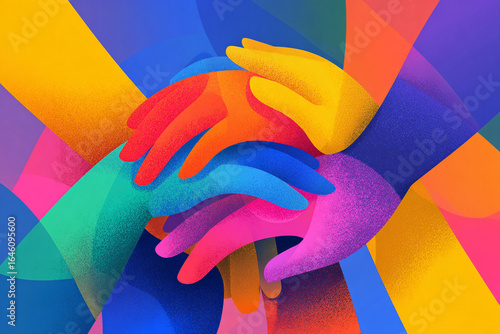 Several vibrant hands of diverse colors overlap, representing unity and cooperation in a modern and creative flat design