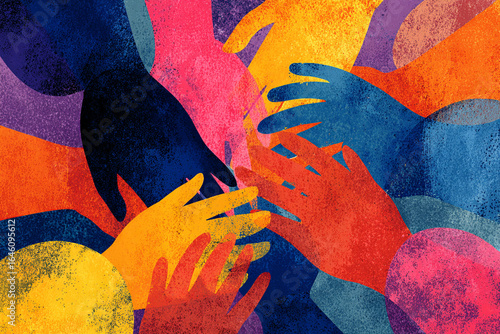 Vibrant hands in various colors intertwine, symbolizing teamwork and connection among diverse people working together towards a common goal