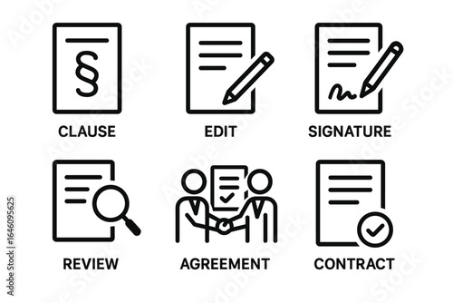 Clause edit signature review agreement contract icons set