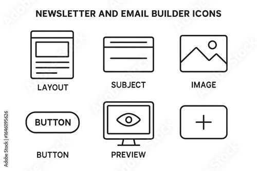 Newsletter and email builder icons for layout, subject, image, button, preview