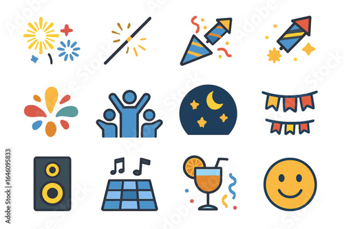 Colorful celebration elements: fireworks, music, dance, and festive decorations
