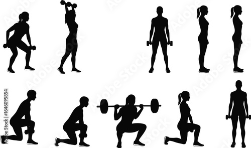Silhouette Workout Poses, Fitness Exercises, Strength Training, Dumbbells, Barbell, Lunges, Squats, Gym, Health, Muscles, Routine, Body