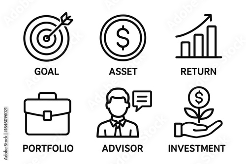 Financial goal icons: target, asset, return, portfolio, advisor, investment