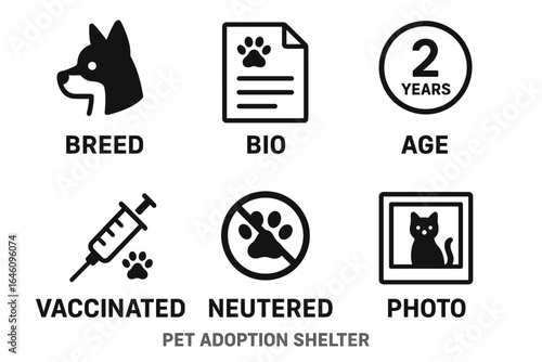 Pet adoption shelter symbols: breed, bio, age, vaccinated, neutered, photo