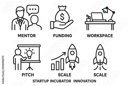 Startup incubator elements: mentor, funding, workspace, pitch, scale, innovation icons