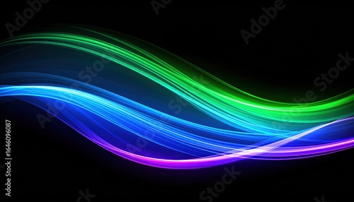 Abstract Light Flowing Aurora Composition with Blue Green and Purple Hues on Black Background