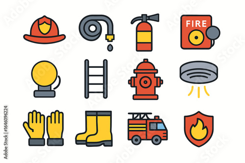 Firefighting equipment icons: helmet, hose, extinguisher, alarm, ladder, hydrant, gloves, boots, truck, shield