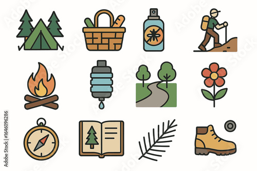Colorful outdoor adventure icons: camping, hiking, nature, and more