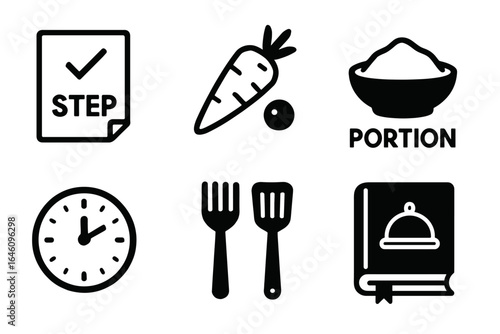 Recipe symbols: checklist, carrot, portion, clock, utensils, cookbook icon set