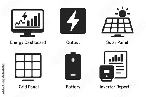 Energy management icons: dashboard, output, solar panel, grid, battery, inverter report
