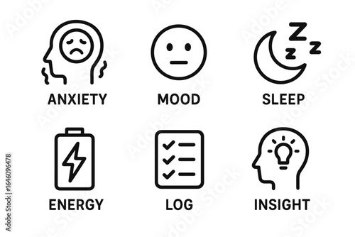 Mental health icon set: anxiety, mood, sleep, energy, log, insight