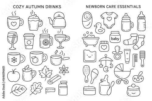 Cozy autumn drinks and newborn care essentials line art collection