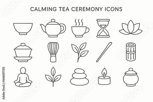 Minimalist calming tea ceremony icons featuring teapot, cup, and candle