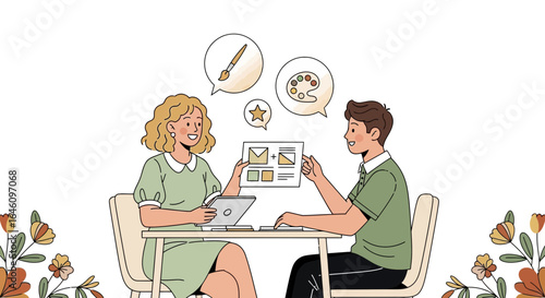 Collaborative design process illustration showcasing a creative team discussion and brainstorming session