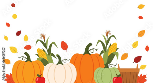 Colorful Autumn Harvest Vector Illustration with Pumpkins Corn and Falling Leaves