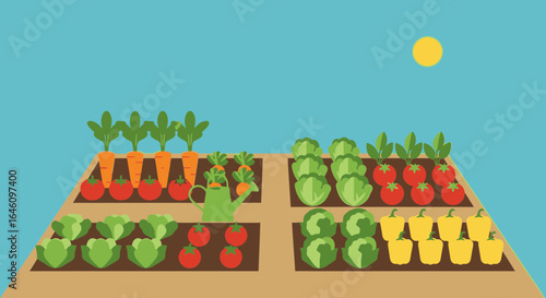 Colorful garden illustration with various vegetables growing under a sunny blue sky background