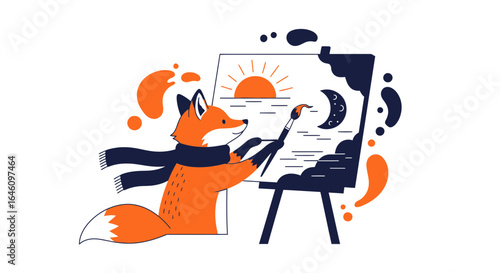 Cute Fox Artist Painting Sunrise and Moon on Canvas with Creative Flair