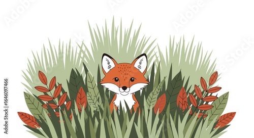 Cute fox hiding in grass and leaves, charming vector illustration design for children and nature lovers