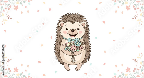 Cute hedgehog holding flowers with bow tie illustration on floral background