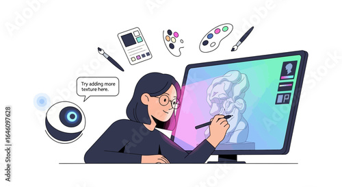 Digital Artist Creating a Sculpture on a Computer with AI Assistance and tools around