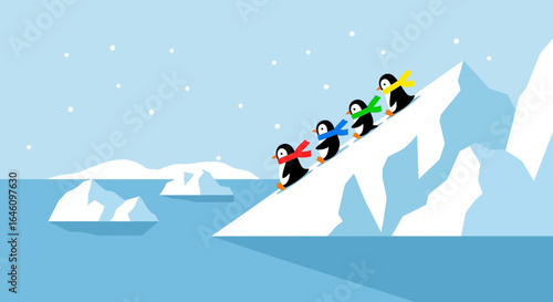 Colorful Penguins Sledding Down a Snowy Hill in a Winter Wonderland Illustration