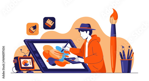 Digital artist creating artwork on a tablet with brushes in a vibrant creative workspace