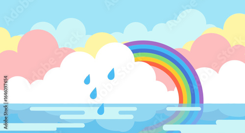 Colorful rainbow emerges from a cloud over the sea, a cheerful and whimsical illustration evoking a sense of wonder