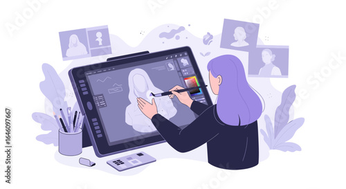 Digital artist creating portrait on tablet with stylus, creative process illustration