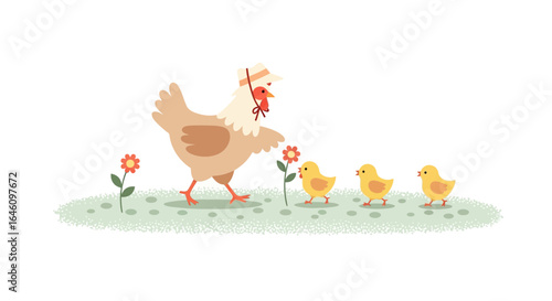 Cute illustration of a mother hen wearing a hat and her three little chicks following her in a meadow full of flowers