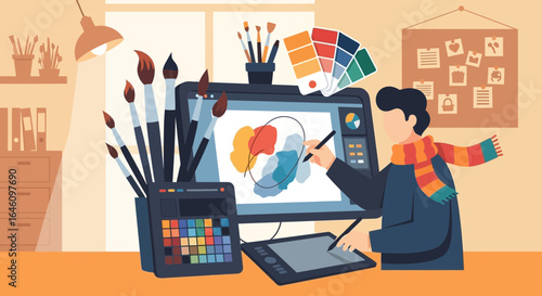 Digital artist workspace illustration showcasing the creative process and tools