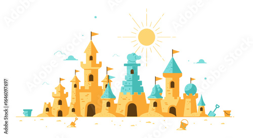 Colorful Sandcastle Illustration on Beach Under Bright Sun Suitable for Summer Vibes
