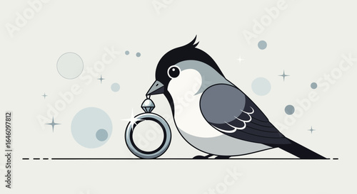 Cute Little Bird Delivering An Engagement Ring Romantic Gift Proposal