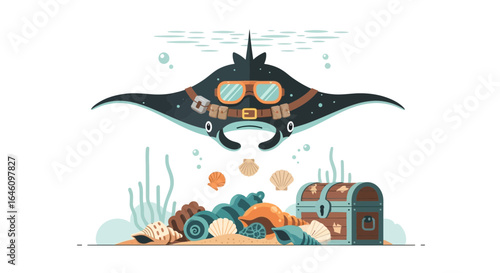 Diver Manta Ray Exploring a Sunken Treasure Beneath The Sea Cartoon