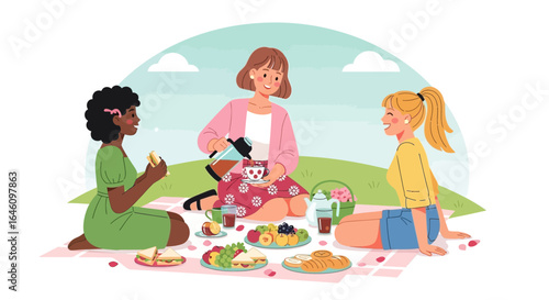 Diverse group of young women enjoying a delightful picnic outdoors in a sunny scene