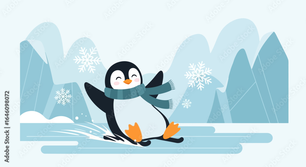Naklejka premium Cute penguin sliding on ice in a winter landscape vector illustration