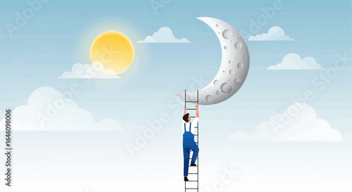 Conceptual illustration of ambition and aspirations with a man climbing towards the moon in bright daylight