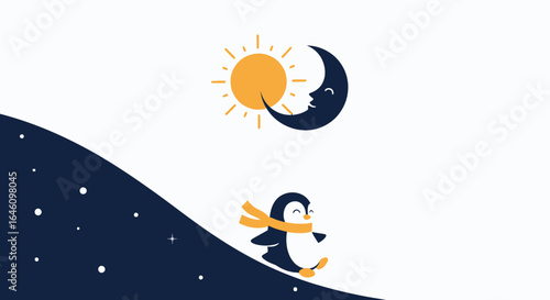 Cute penguin illustration with sun and moon, winter cartoon landscape for kids illustration or animation video minimal style vector