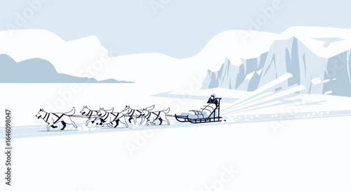 Dog sledding adventure across the Arctic landscape with snowy mountains and frozen plains