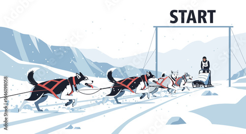 Dog sled racing illustration with team of huskies running through snowy landscape