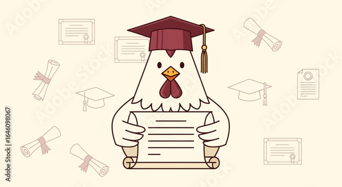 Congratulatory Rooster Celebrates His Success Graduation Day With Diploma Award