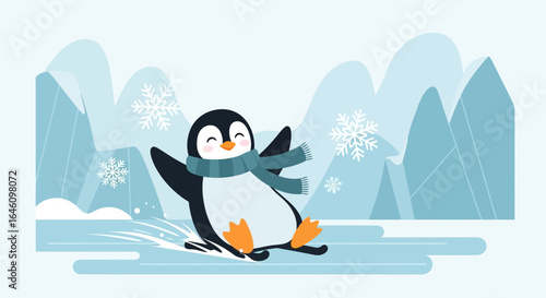 Cute penguin sliding on ice in a winter landscape vector illustration