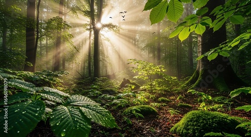 Sunlit Forest Canopy with Birds, Rays of Light, and Lush Greenery