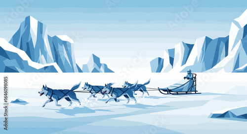 Dog sledding adventure across the frozen arctic landscape with stunning glaciers view