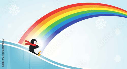 Cute penguin sliding down a snowy hill under a vibrant rainbow illustration